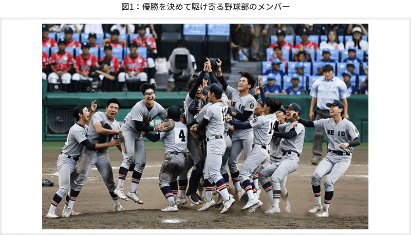図1 優勝を決めて駆け寄る野球部のメンバー