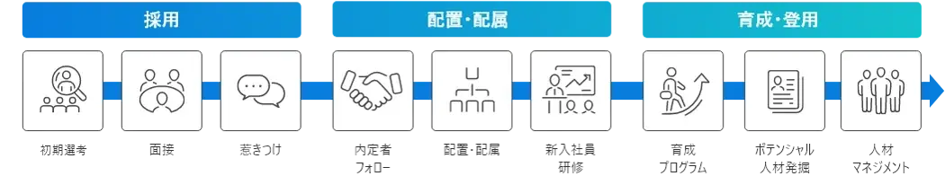 採用・配置配属・育成登用の支援フェーズイメージ